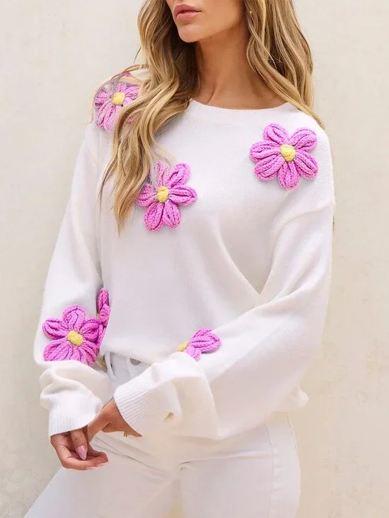White Casual Women's Cute Elegant Floral Long Sleeve Crew Neck Sweater - Picture 3 of 7